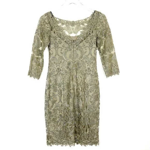 NWT Tadashi Shoji Dress Corded Embroidery On Tulle 3/4 Sleeve. Smoke Pearl Sz 2P